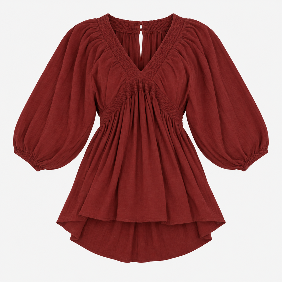 Burgundy Smocked V-Neck Balloon Sleeve dress