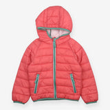 Pink puffer packaway coat with green trim