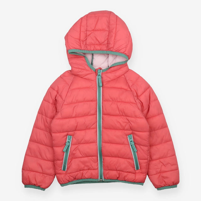 Pink puffer packaway coat with green trim