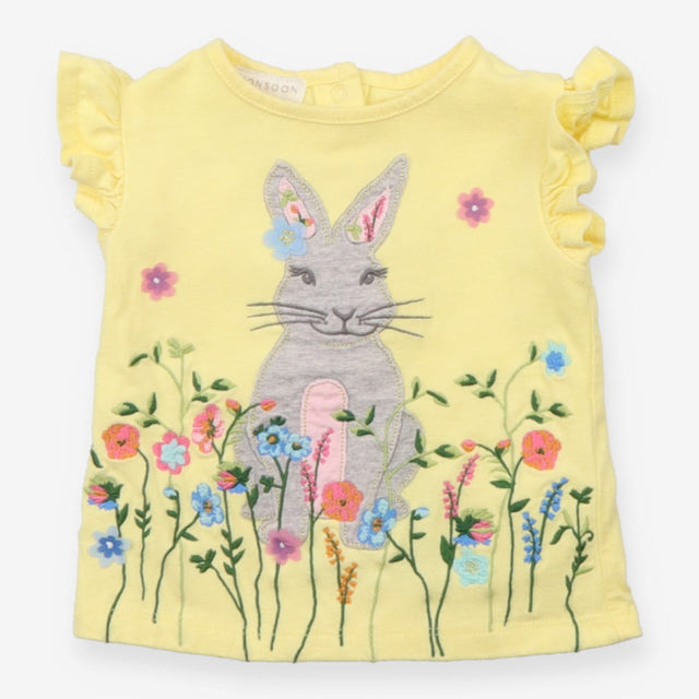 T-Shirt Frill Sleeve Yellow Pretty Bunny Applique