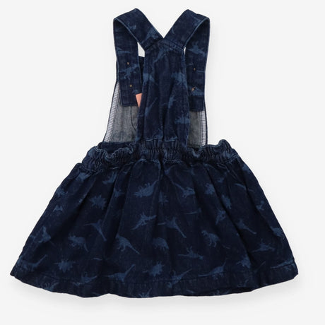 Denim pinafore dress with dinosaurs