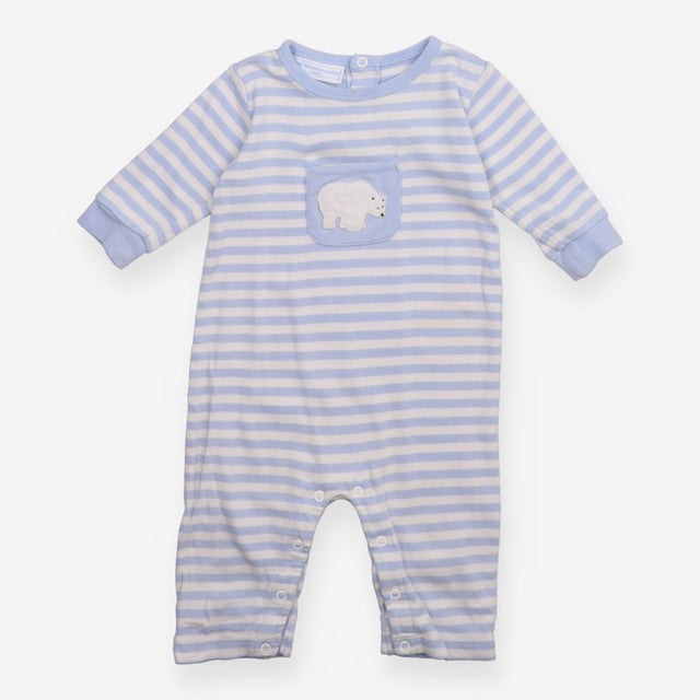 Sleepsuit blue white stripe pocket polar bear