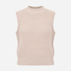 Oatmeal Beige Chunky Rib High Neck Knitted Tank To