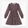 Midi Dress Navy Pink Floral Print Long Sleeve Gath