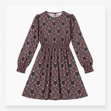 Midi Dress Navy Pink Floral Print Long Sleeve Gath