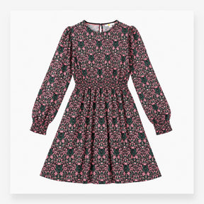 Midi Dress Navy Pink Floral Print Long Sleeve Gath