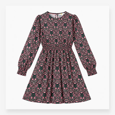 Midi Dress Navy Pink Floral Print Long Sleeve Gath