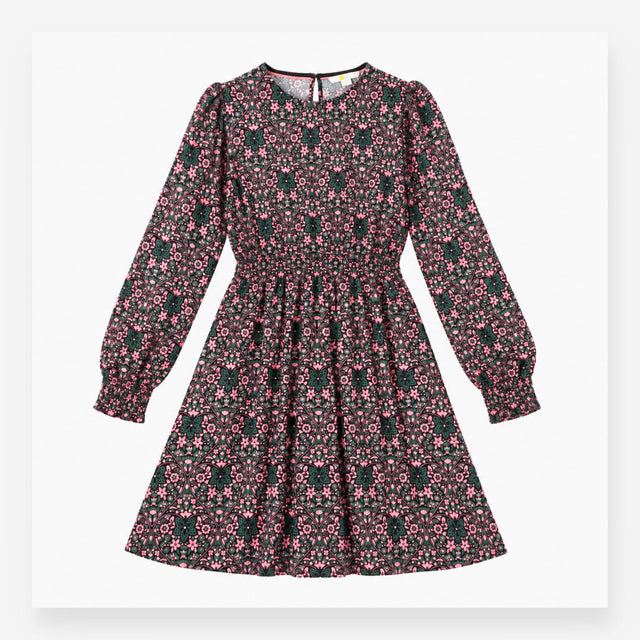Midi Dress Navy Pink Floral Print Long Sleeve Gath