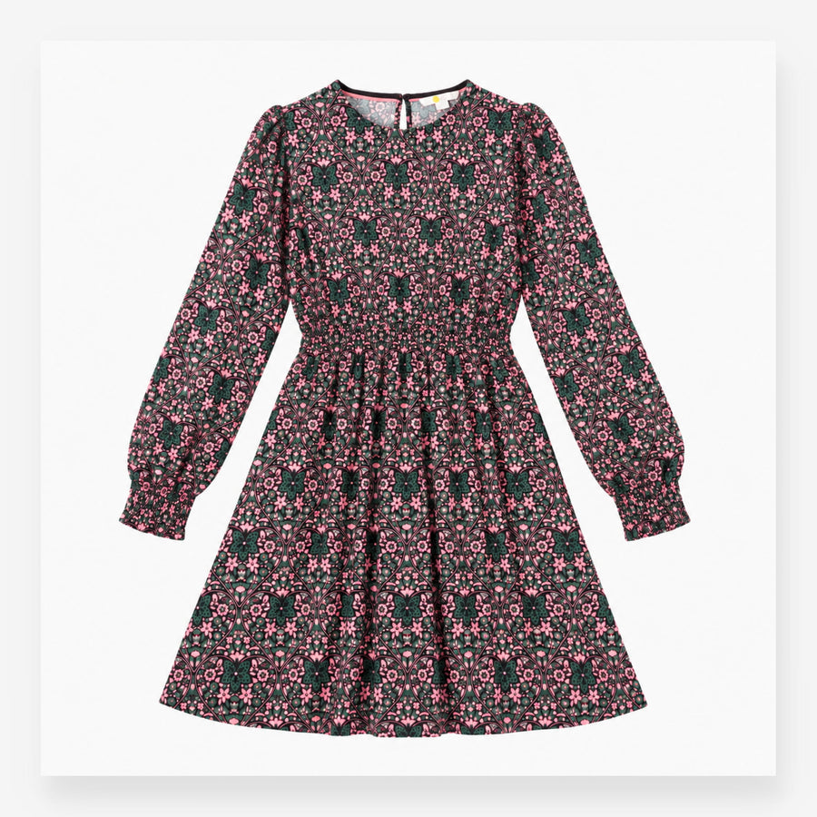 Midi Dress Navy Pink Floral Print Long Sleeve Gath