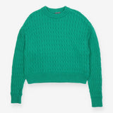 Cable Crew Sweater Green with Ribbed Collar