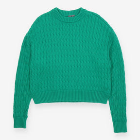 Cable Crew Sweater Green with Ribbed Collar