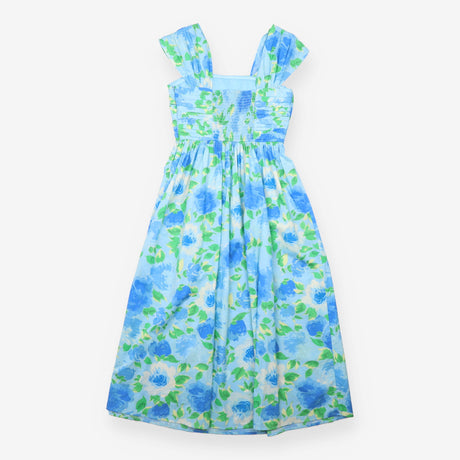 Blue Floral Sleeveless Pleated Bodice Sundress