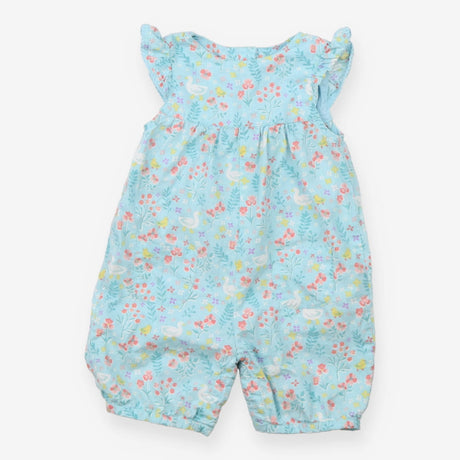 Blue ruffle sleeve romper with goose floral print