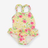 Yellow gingham swimsuit with flowers