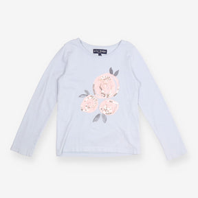Tee LS blue  flower sequins pink applique