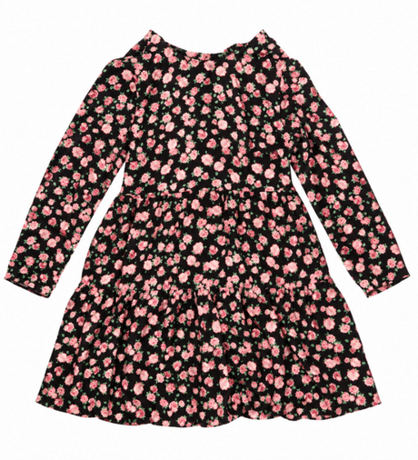 Black & Pink Rose Print Viscose Dress