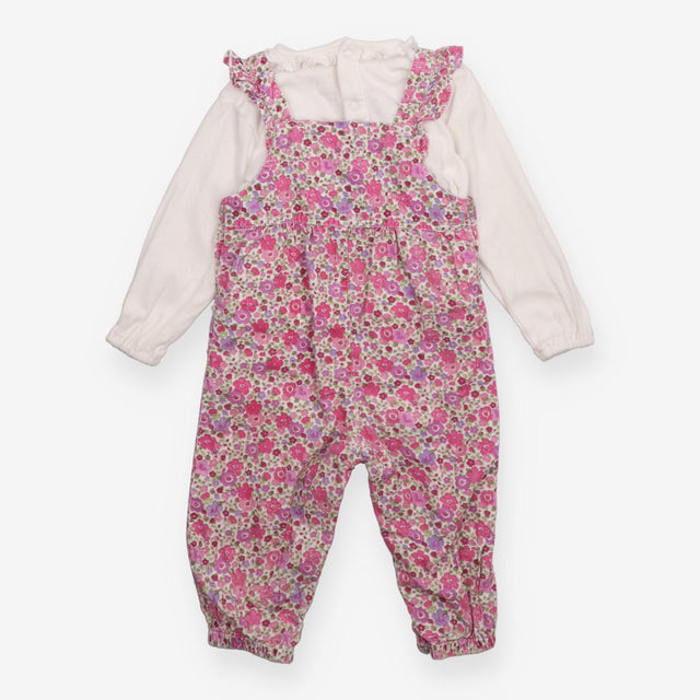 Dungaree set  pink floral cord and white long slee