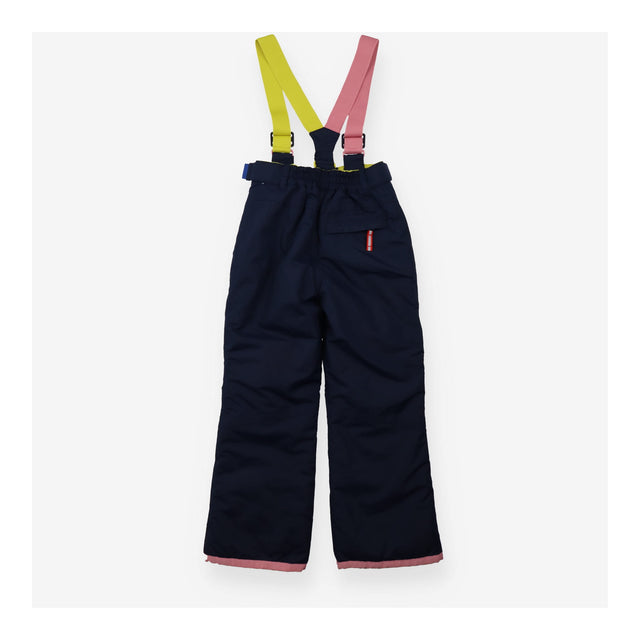 Navy ski salopettes yellow and pink straps