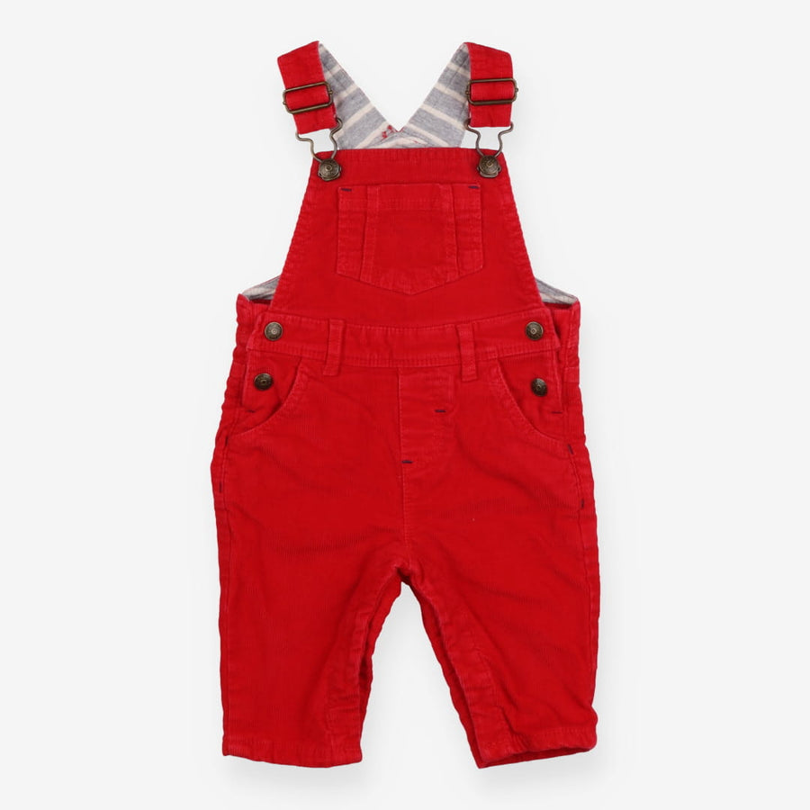 Dungarees Red Needlecord with Grey Striped Lining