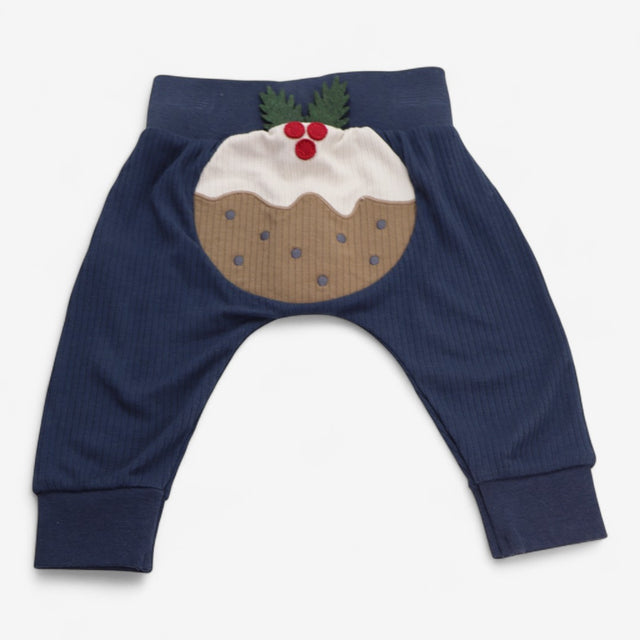 Leggings Blue Ribbed with Christmas Pudding Bottom
