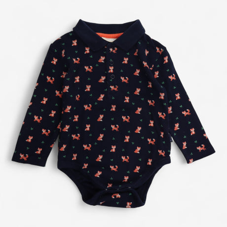 Bodysuit Collared Navy with Foxes and Leaves
