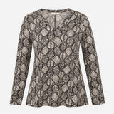 Black Cream Leaf Print Notch Neck Long Sleeve Tuni