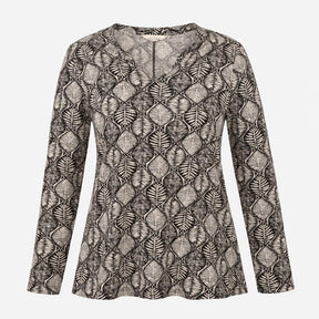 Black Cream Leaf Print Notch Neck Long Sleeve Tuni