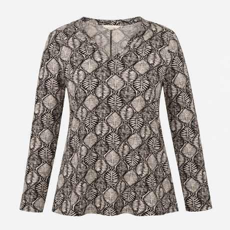 Black Cream Leaf Print Notch Neck Long Sleeve Tuni