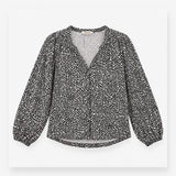 Printed Button Front Long Sleeve Blouse Black Whit