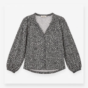Printed Button Front Long Sleeve Blouse Black Whit