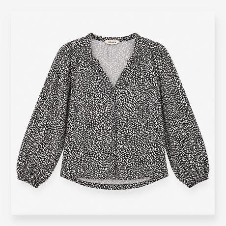 Printed Button Front Long Sleeve Blouse Black Whit