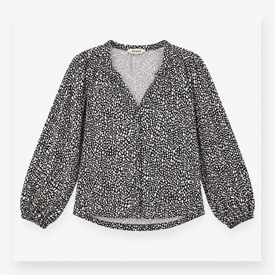 Printed Button Front Long Sleeve Blouse Black Whit