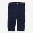 Navy chino trousers with brown stripes