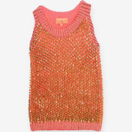 Pink Sleeveless Studded Metallic Knit Top Designer