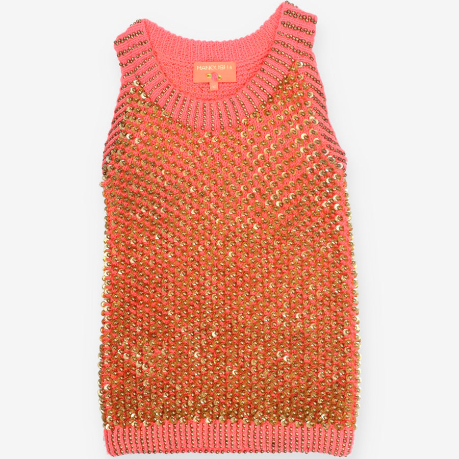 Pink Sleeveless Studded Metallic Knit Top Designer