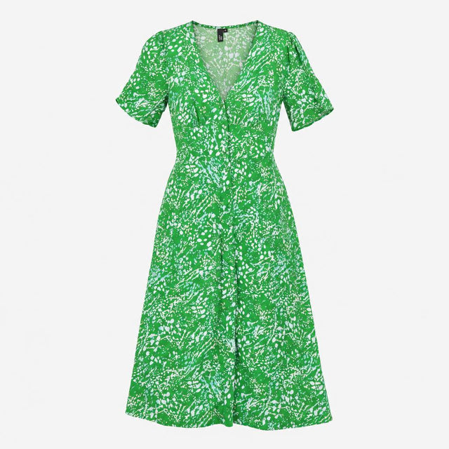 Dress V-Neck Button Front Abstract Print Green