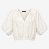 Top 100% Linen V-Neck Puff Sleeve Loire Off White