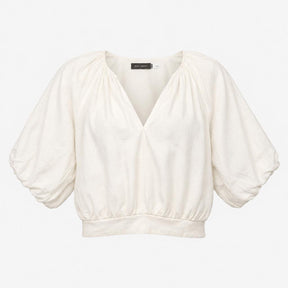 Top 100% Linen V-Neck Puff Sleeve Loire Off White