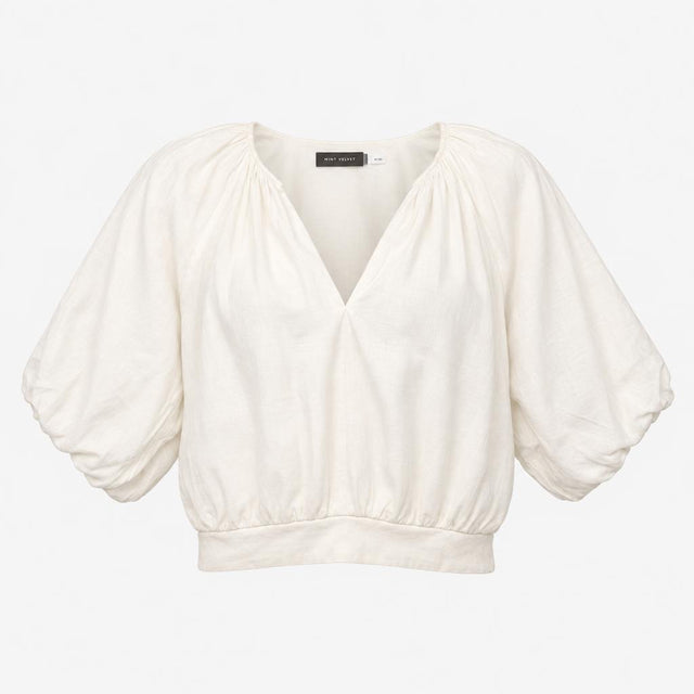 Top 100% Linen V-Neck Puff Sleeve Loire Off White