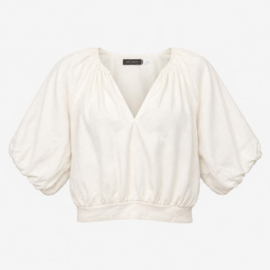 Top 100% Linen V-Neck Puff Sleeve Loire Off White