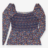 Navy Blue Ditsy Floral Print Smocked Shirred Bodic