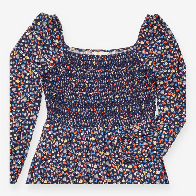 Navy Blue Ditsy Floral Print Smocked Shirred Bodic