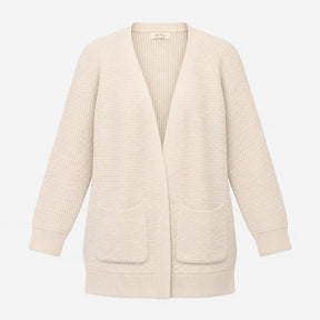 Cardigan Cream Open Front Pockets Cotton Knit