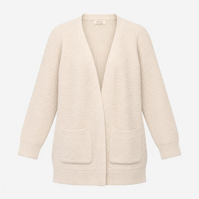 Cardigan Cream Open Front Pockets Cotton Knit