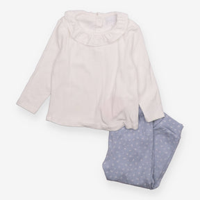 Pyjamas white LS top blue bottoms white flower 