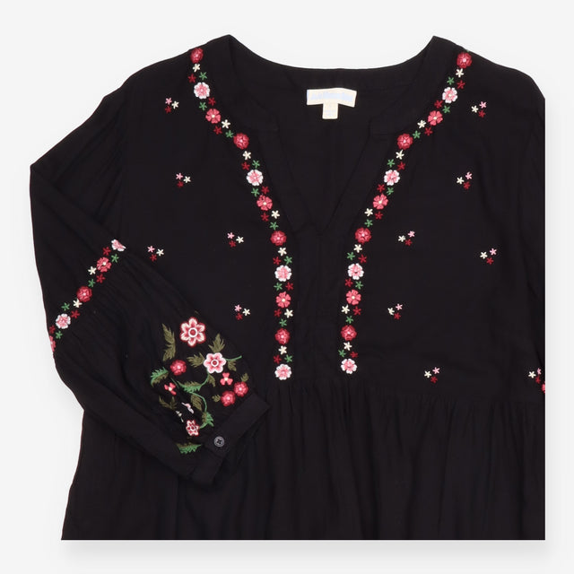 Dress Black Embroidered Floral Long Sleeve Midi V-