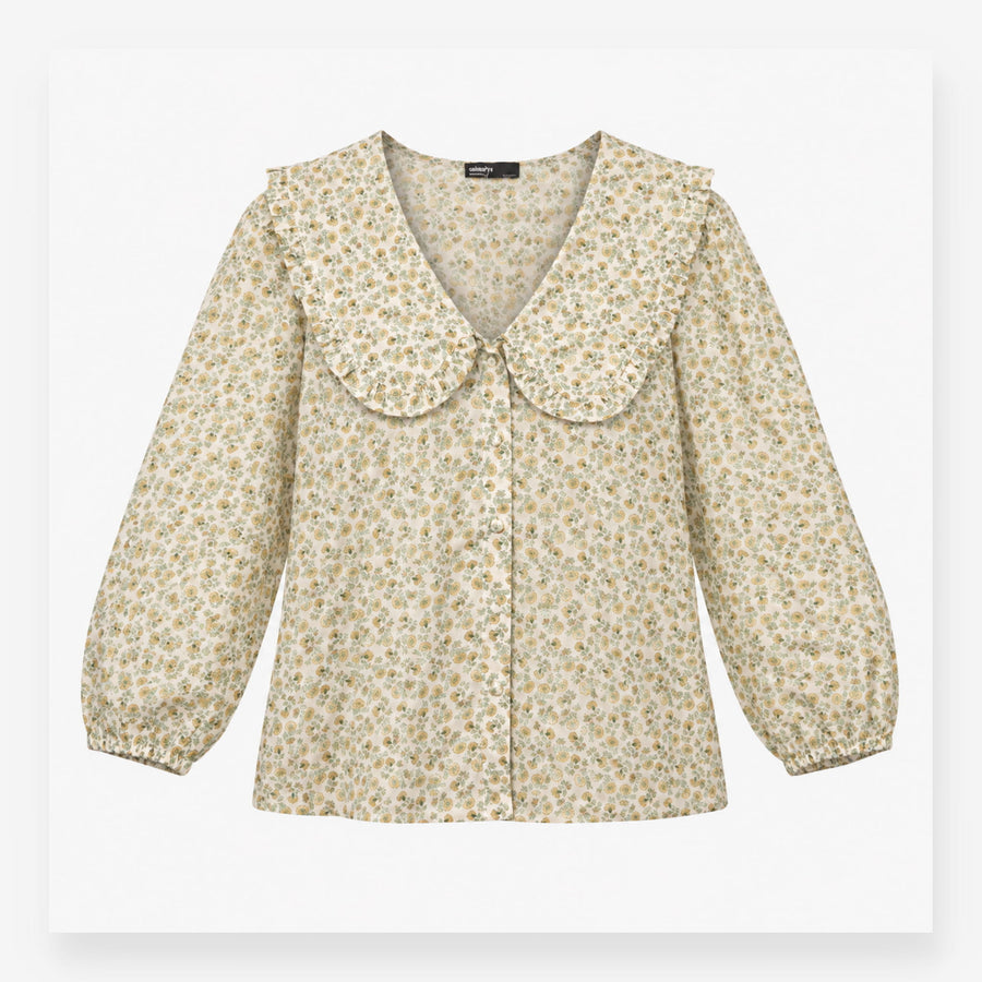 Yellow Floral Statement Collar Long Sleeve Blouse