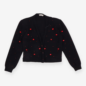 Cardigan Black Red Jewel Embellished V Neck Knit