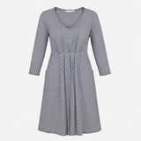 Dress Navy Blue White Stripe Long Sleeve Midi V-Ne