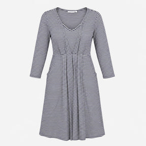Dress Navy Blue White Stripe Long Sleeve Midi V-Ne